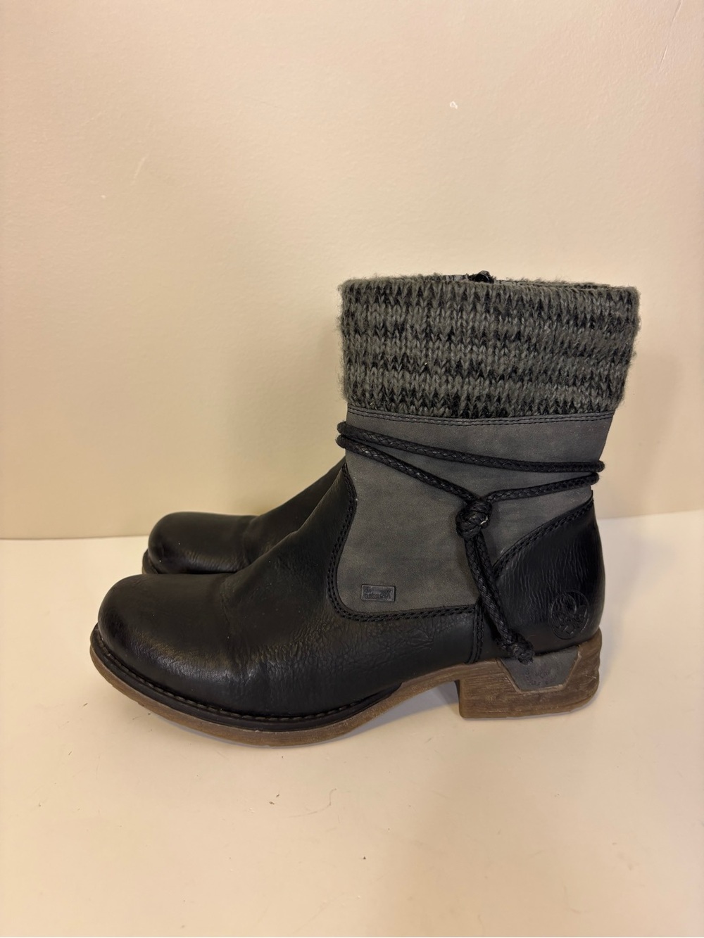 Rieker Black Leather Mid Calf Boots with Gray Suede & Knit Cuff 7